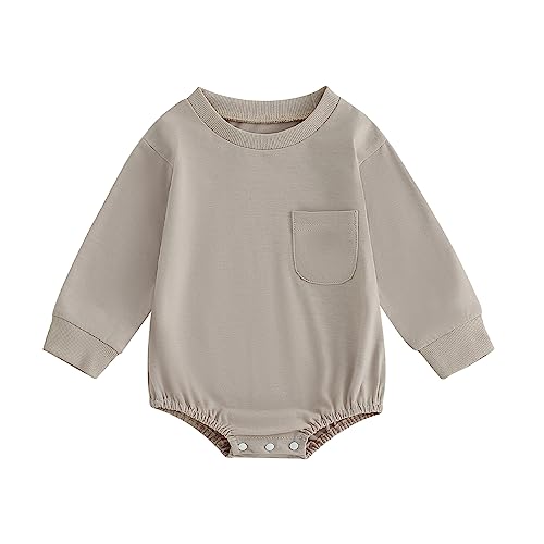 Image of Hoanselay Newborn Infant Baby Boy Girl Basic Plain Pocket Long Sleeve Romper Bodysuit Tops Solid Fall Outfit Clothes