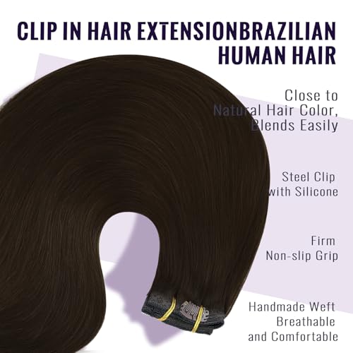 Fshine Brown Hair Extensions Dark Brown Clip in Human Hair 24 Inch Straight Extensions Double Weft Natural Hair 7Pcs 120g - Image 4