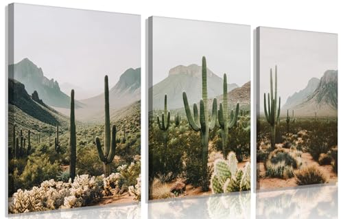 3Pcs Wild Plants Wall Art Tall Green Cactus Painting Picture