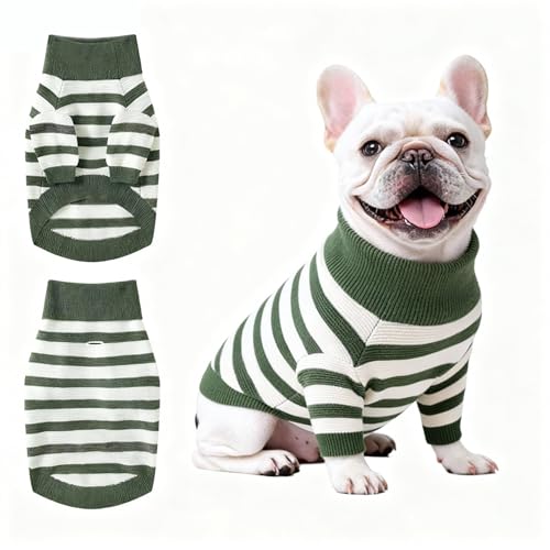 Image of Small Dog Sweater, Knitted Striped Pullover Dog Clothes, Indoor Cozy Stretchy Pajamas for Chihuahua, Bulldog, Dachshund, Pug(Green&White Strip, L)