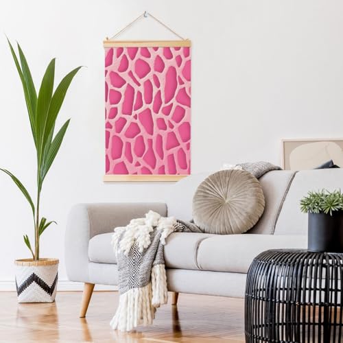 Peinture murale girafe rose texturée haut de gamme avec suspensions en bois