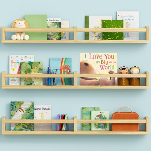 Image of Harwaya Floating Nursery Book Shelves for Wall, 32 Inch Long Bookshelf for Kids Room, Wooden Large Wall Shelf with Hanging Rod for Baby Toddler Child Bedroom (3-Pack, Natural Wood)