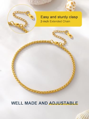 Image of ChainsPro Resizable Anklet Chain for Women Men, Figaro /Wheat /Twist Rope /Cuban Foot Bracelet-Strong with Good Clasp-18K Gold Plated(Send Gift Box)