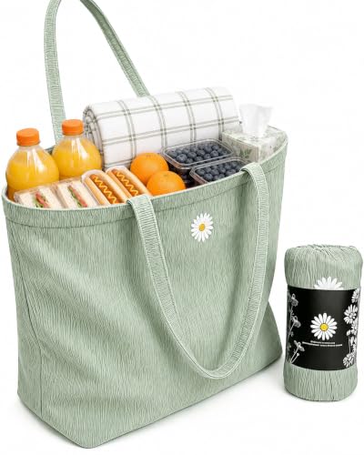 Picnic Tote Bag for Women, Large Outdoor Carry Bag with Soft Crinkle Fabric