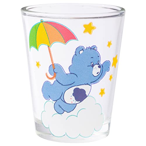 Image of Silver Buffalo Care Bears on Clouds Featuring Funshine, Tenderheart, Cheer, and Grumpy Bear 4 Pack Mini Glass Set, 1.5 Ounces