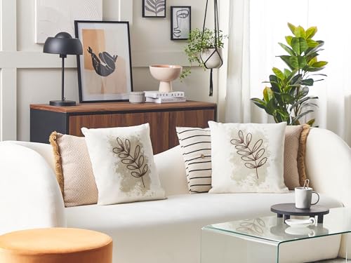 Set Di 2 Cuscini In Misto Poliestere Beige 45 X 45 Cm Decorativo Morbido Accessorio Per La Casa Foglia Ricamata - 2