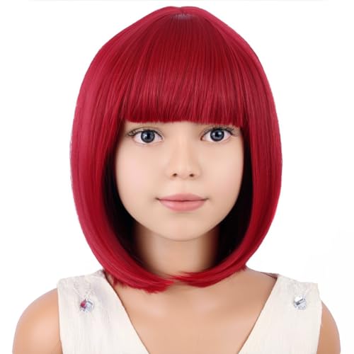 Image of PATTNIUM Kids Wine Red Wig Short Straight Bob Wig Dark Red Wigs for Girls Cosplay Party Synthetic Rose Net Daily Wear Wigs