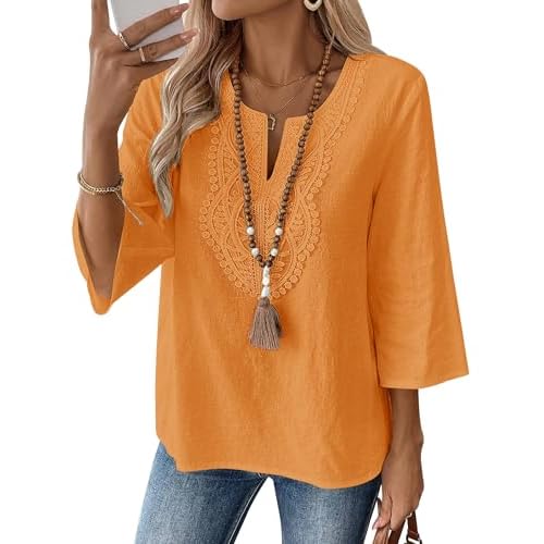 LOMON Womens 3/4 Sleeve Tops Linen Shirts Cotton Tops