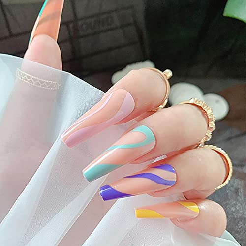 Vaveah 24 Pcs Press on Nails Coffin for Women, Extra Long Fake Nails Glue on Nails, False Nails with Glue (Colorful Swirl)