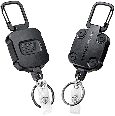 ELV Self Retractable ID Badge Holder Key Reel, Heavy Duty, 32 Inches Cord, Carabiner Key Chain Keychain, Hold Up to 15 Keys and Tools (2 Pack)
