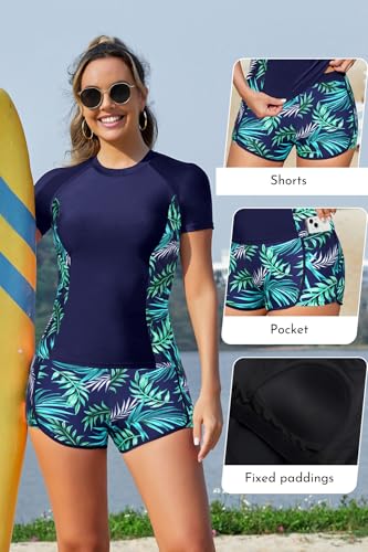 SHEKINI Zweiteiliger Rashguard für Damen Kurzarm Integrierter BH Badeanzug mit Boyshorts Schnell Trocknend UV Schutz Schwimmshirt