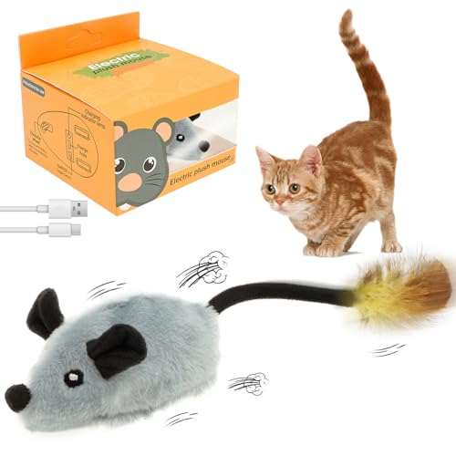 Juguete Interactivo para Gato - Ratón Eléctrico con Luz LED, Cola de Pluma y Ruido Realista, USB (Gris)