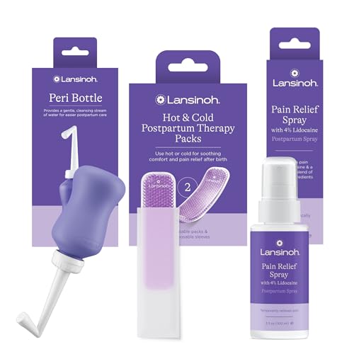 Image of Lansinoh 4% Lidocaine Perineal Spray, Pain Relief, Postpartum Care, 3.5 Oz + Hot & Cold Pads, Postpartum Essentials, 2 Ct Postpartum Pads + Upside Down Peri Bottle for Gentle Cleansing, 12.2 Oz Bottle
