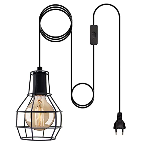 Vintage Hängelampe mit Stecker, Industrie Metall Käfig Pendellampe 600cm Kabel, Schwarz Geometrische Lampenaufhängung Pendelleuchte, Plug in Hängeleuchte Kit für Farmhouse Loft Wohnzimmer Cover