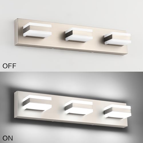 Image of SOLFART Bathroom Vanity Lights Over Mirror Brushed Nickel Bathroom Light Fixture 3 Light Led Lights for Bathrooms Vanity Lights for Bath Nickel ETL Listed