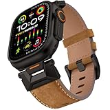 ALFARAY Leder Armband Kompatibel mit Apple Watch Ultra 1 2 Armband 49mm, 25mm Breites Band mit Edelstahlanschluss für iWatch Series 10 46mm 9 8 7 45mm SE 6 5 4 44mm 3 2 1 42mm, Schwarz/Kamelbraun