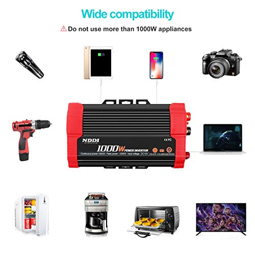 NDDI 1000W Car Power Inverter 12V DC to 110V AC Converter with Dual AC Outlets and 3.1A Quick Charging USB Port Car Adapter
