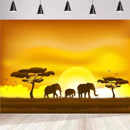 Fondo de fotografía Safari Estepa Animal Crossing Árbol Elefante Puesta Sol Decoración habitación Póster Fiesta cumpleaños Pared