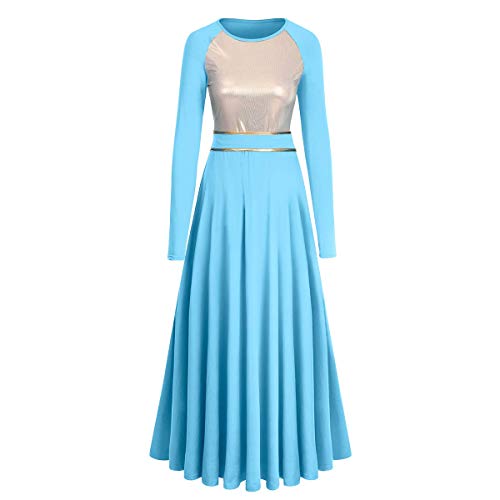 OwlFay Praise Dance Dresses for Women Gold Metallic Color Block Lyrical Worship Dancewear Loose Fit Full Length Long Sleeve Dance Dress Robe Church Praisewear with Belt Blue XS