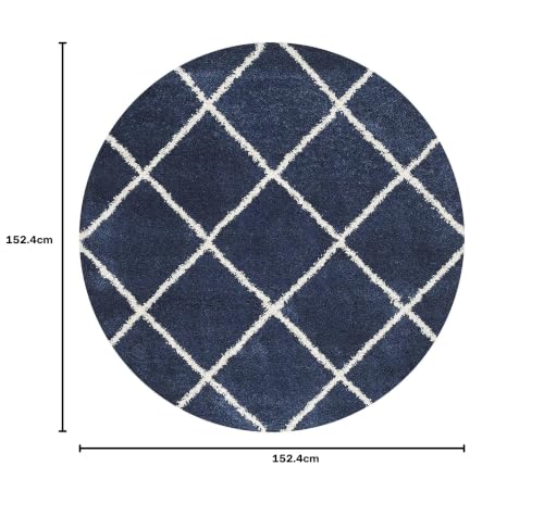Image of Handmade Round Shaggy Fur Carpet and Rug for Bedroom, Living Room, Hall, Kids Room (5x5 Feet Round, Navy Blue & Ivory)