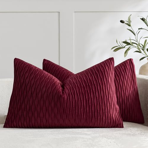 DEZENE Wine Red Throw Pillow Covers: 2 Pack 12x20 Inch Original Striped Velvet Rectangular Decorative Pillow Cases for Farmhouse Couch