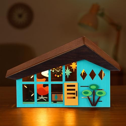 Tujoe Mid-century Modern Tabletop Decor Mid Century Modern Decor Lighted Table Centerpiece Retro Glowing Green House Diorama Holiday Farmhouse Wooden Decoration for Home Bedroom Office Country Table