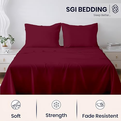 Image of SGI bedding 100% Egyptian Cotton Sheets King Size - 600 Thread Count Sheets Set, Soft, Cooling, 16 inch Deep Pocket, Luxury Hotel Bedding, Breathable, Durable - Burgundy