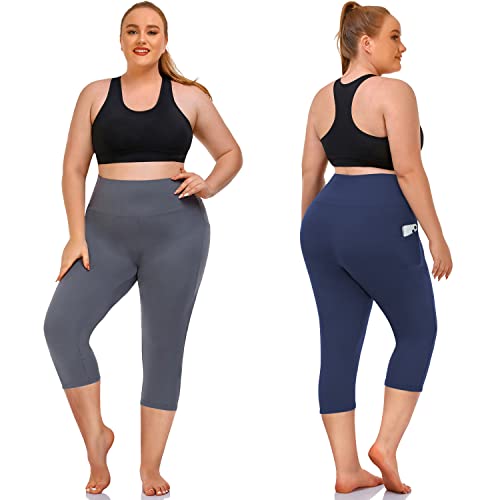 New Young 3 Pack Plus Size Capri Leggings With Pockets For Women,High Waist Tummy Control Workout Yoga Leggings #TOP1