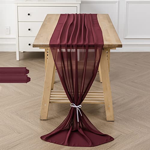 Flohar 2Pack 10Ft Chiffon Table Runner 29X120 Inch Sheer Romantic Table Runner For Wedding Birthday Party Bridal Shower Outdoor Decoration -Burgundy #TOP11