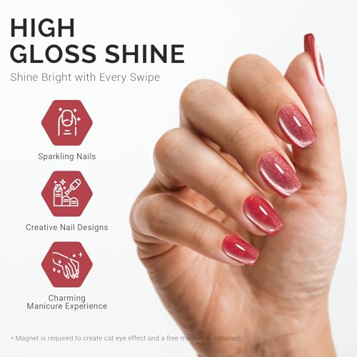 Image of MelodySusie Jeweliver Cat Eye Gel Nail Polish, 0.5 Fl Oz Red Glitter Holographic Magnetic Nail Polish with Magnet, UV Nail Polish for Nail Art Manicure Salon DIY at Home C66