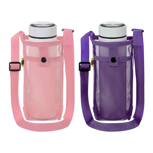 uxcell 2pcs Water Bottle Holder with Shoulder Strap, Mesh Water Bottle Sleeve Bag, Crossbody Bottles Carrier Sling Pouch for Hiking Gym Camping Walking Travel, Purple, Pink