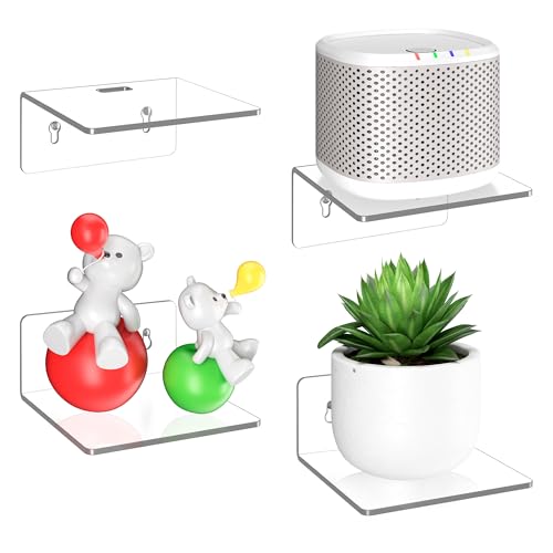 LMHOME 4 Pack Small Wall Shelf - 4 Floating Shelves for Wall Display Ledges for Funko Pop Figures Plants Speakers Durable Plastic Adhesive or Screw Shelves in Bedroom Kitchen Living Room Clear