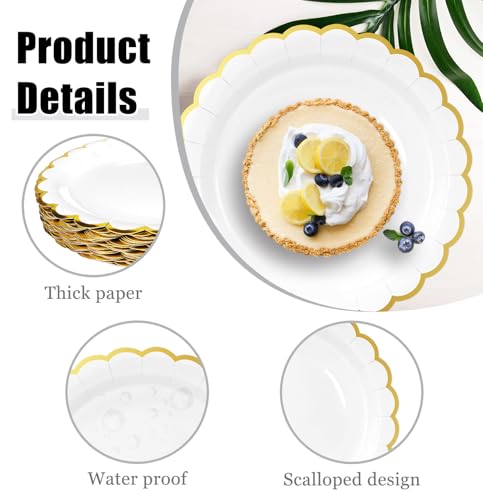 Image of HEIPINIUYE 50 Pieces White Paper Plates with Gold Foil 7 Inch Disposable White Scalloped Dinner Plates for Wedding Baby Shower Birthday Party Dessert Plate