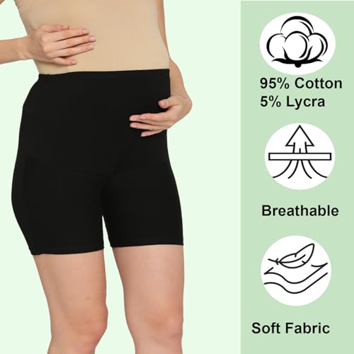 Image of Women's High Waist & Mid-Thigh Cotton Lycra Maternity Shorts|Pregnancy Panty|Maternity Panties Over The Belly for The Pre & Post Pregnancy