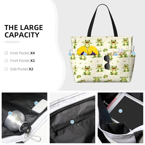Large Beach Bags for Women Sandproof - Frog Green Cute Print Summer Work Travel Tote Bags with Zipper3