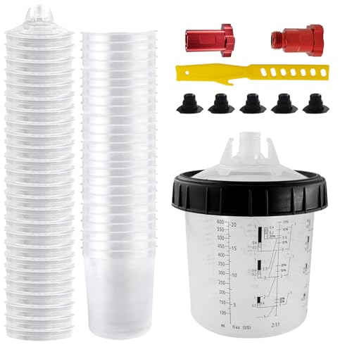 Godet de Peinture pour Pistolet Pulvérisateur, 650ML Gobelet de mélange de Peinture avec 20 gobelets et couvercles, 1 gobelet Dur avec Anneau de retenue, 2 Adaptateur...