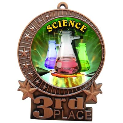 Express Medals Large 3 inch Die-Cast Solid Medal 3rd Place Science Fair Award Medallion with an Antique Bronze Finish and a Red White & Blue Neck Ribbon.