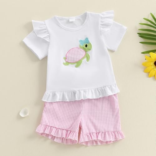 Toddler Infant Baby Girl Summer Outfit Whale Ruffle Short Sleeve T-Shirt Tops Plaid Shorts Set Fishing Clothes3