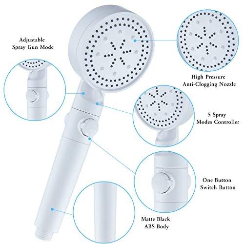 High Pressure Shower Head With 5 Spray Settings,Filtered Handheld Showerheads With On/Off Switch,Powerful Cleaning Spray Gun Mode,Extra Long 59'' Pvc Hose, Adjustable Shower Arm Mount (White) #TOP1