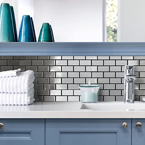 Homeymosaic 10-Sheets Stainless Steel Backsplash Peel And Stick Art 3D Metal Subway Silver Tile Brick Mosaic Kitchen Bathroom Stove Home Accent Wall Panel Tiles #TOP4