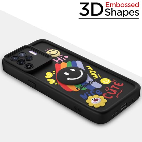 Image of Pikkme Back Cover for Oppo F19 Pro | Soft Silicone| Cute Rainbow Smile & 3D Cartoon Flower Design | Shockproof Raised Camera Protection Bumper Case (Black)