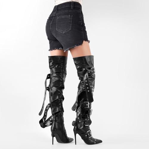 Multi Buckle Strap Over the Knee Pointed Toe Belts Stiletto Heeled Booty Thigh High3