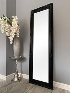 DOWNTON INTERIORS Black Tall Ornate Dressing Wall Mirror with Bevelled Glass - Overall Size: 142cm x 47cm