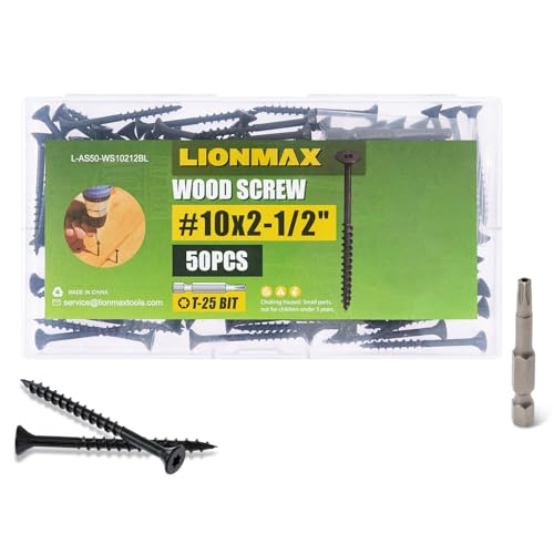 Image of LIONMAX Deck Screws 2-1 /2 Inch, Wood Screws #10 x 2-1 /2 inch, 50 PCS, Rust Resistant, Exterior Epoxy Coated, Outdoor Decking Screws, Torx /Star Drive Head Screw, T25 Star Bit Included, Black