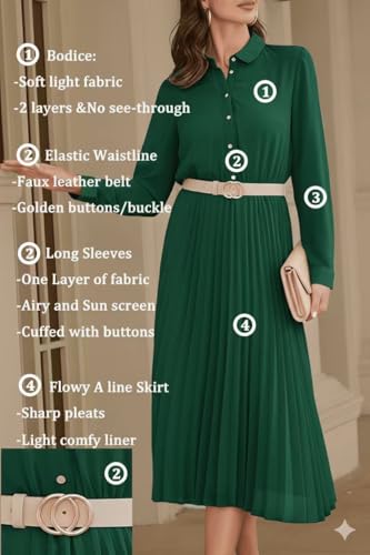 Image of Business Casual Shirt Dress for Women Long Sleeves Pleated Midi Dresses with Belt