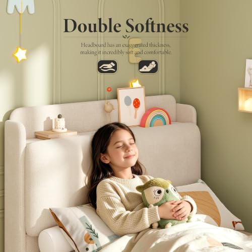 Image of Garvee Twin Size Bed Frame with Recessed Shelf for Kids- Beige