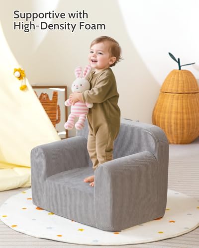BEJOY Kinderstuhl Ultraweiches Kuschel-Schaumstoff-Sofa, Einzelsitz Cord-Lesecouch für Jungen und Mädchen, Grau
