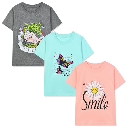 Image of HILEELANG Girl T-Shirts Short Sleeve Graphic Tees Cotton Casual Summer Tops Shirts Packs