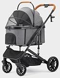 SUNTHX Dog Stroller for Small Medium Dogs Up to 60lbs, 4 Wheels Folding Pet Stroller with Detachable Carrier, Pet Travel Carrier for 2 Dogs & Cats, Storage Basket, Breathable, Grey