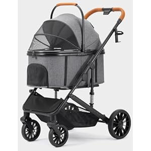 Dog Stroller for Small Medium Dogs Up to 60lbs, 4 Wheels Folding Pet Stroller with Detachable Carrier, Pet Travel Carrier for 2 Dogs & Cats, Storage Basket, Breathable, Grey